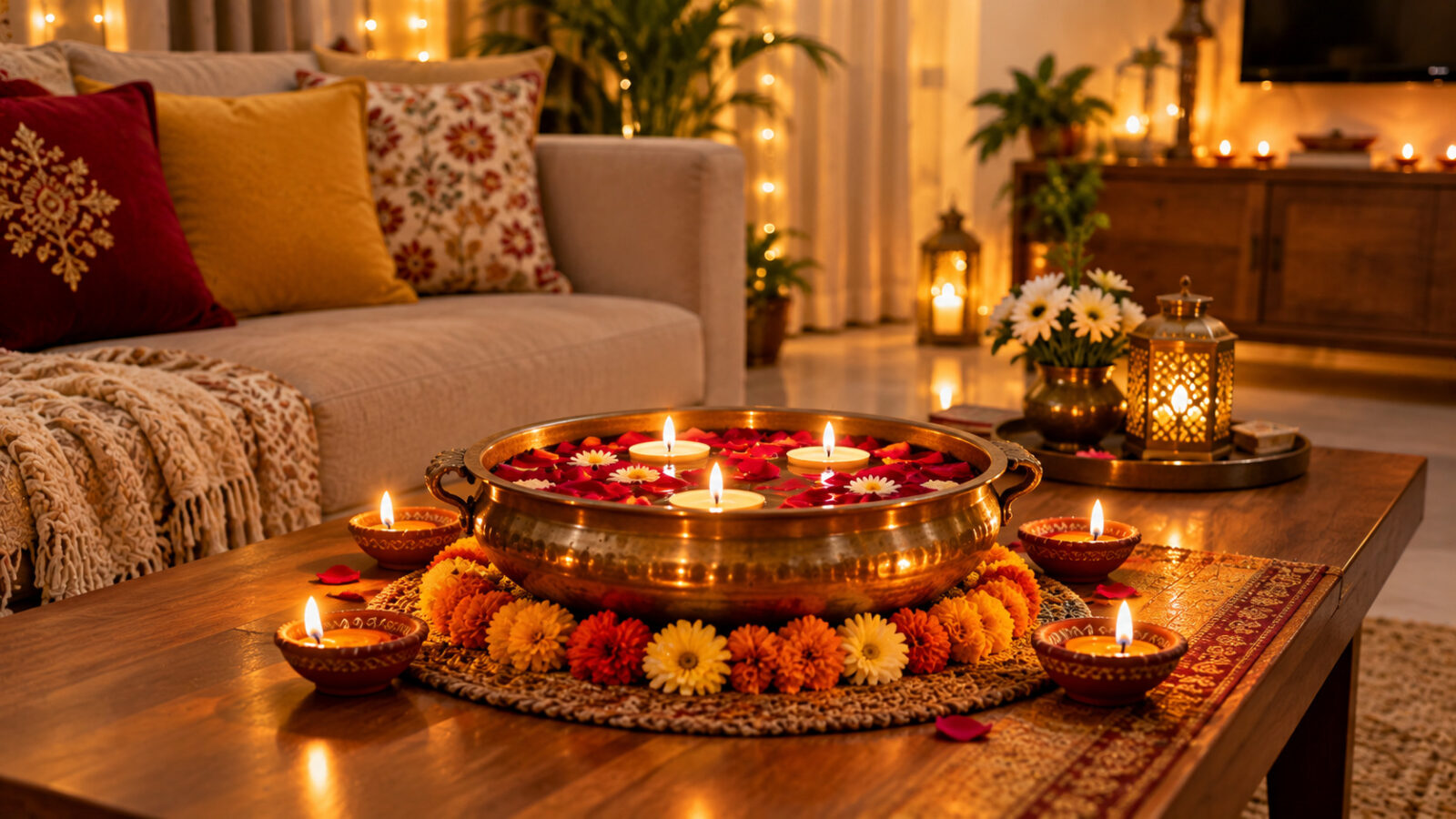 Arrange Diyas and Candles on Trays