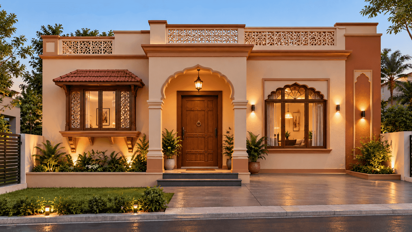 Indian Style Elevation with Arches and Jharokha