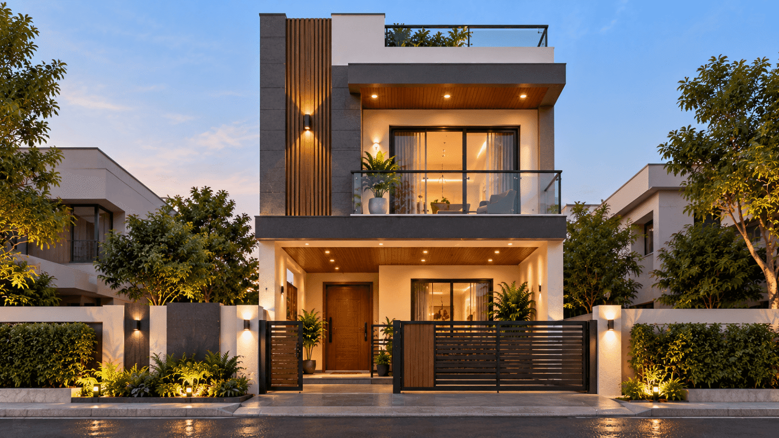 Double Floor Compact Elevation for Narrow Plots