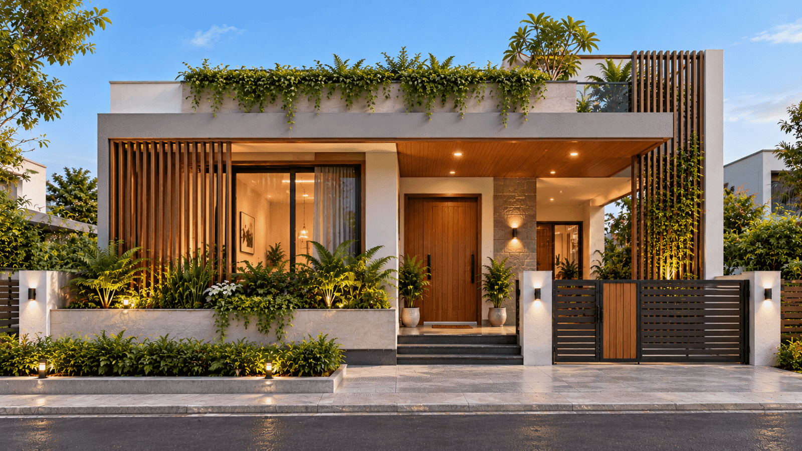 Minimal Facade with Louvres and Green Elements